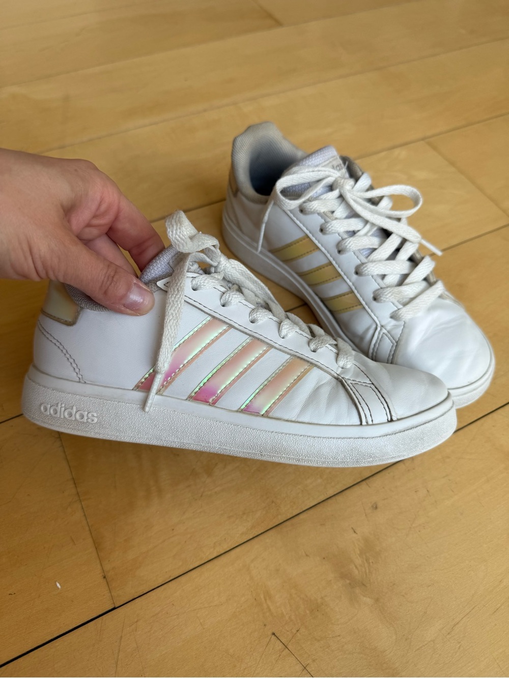 adidas White Low-Top Sneakers with Iridescent Pink-Gold Stripes